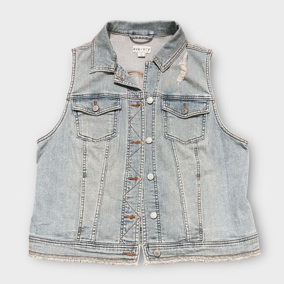 Ava Viv Jean Vest Jacket Womens 1X Button Down Denim Plus Size Distressed - Picture 4 of 5